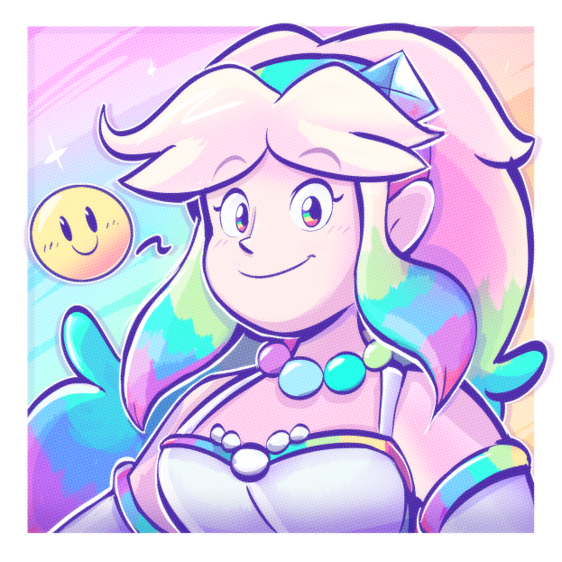 a drawing of Prism, based on Brush's design for her - she has floofy hair that shifts into rainbow hues at the ends, rainbow irises, she is smiling profusely, she wears a white dress with rainbow trim, she has a rainbow pearl necklace, she has a headband with a prism on it, and there's a smiley face emoji next to her